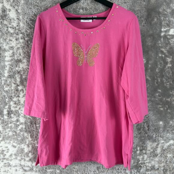 Quacker Factory Plus Size 1X Rhinestone Butterfly Stretch Top Pink 3/4 Sleeve - Picture 1 of 8